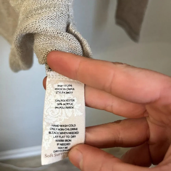 Soft Surroundings Womens Beige Knit V Neck Pullover Sweater Sz Small 1/2 Zip - Picture 9 of 9